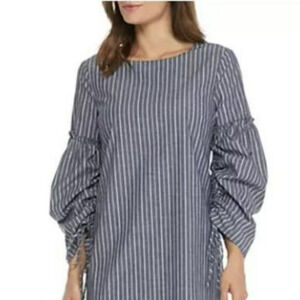 Charles Henry Gray Striped Ruched Sleeve Mini Blue‎ Cotton Dress Size S